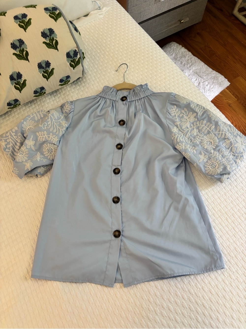 THML Sky Blue Puff-Sleeve Embroidered Ruffle Neck Blouse - Picture 2 of 2